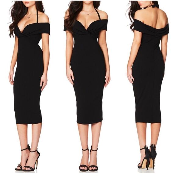 Nookie Athena Off Shoulder Halter Midi Dress Sz Large in Black - Picture 1 of 5